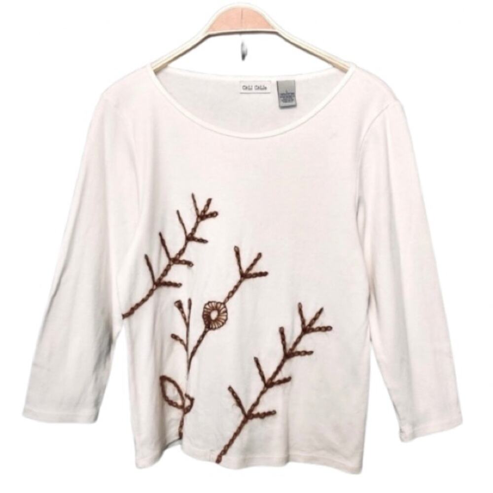 Cali Cali Ivory White Embroidered Floral Botanical 3/4 Sleeve Tee T-Shirt Top